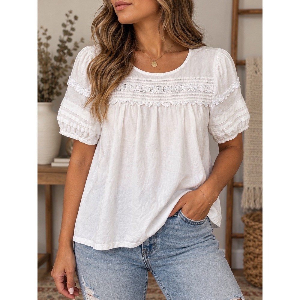 J.Crew White Cotton Gauze Eyelet Lace Pintuck Puff Sleeve Blouse Top Small
